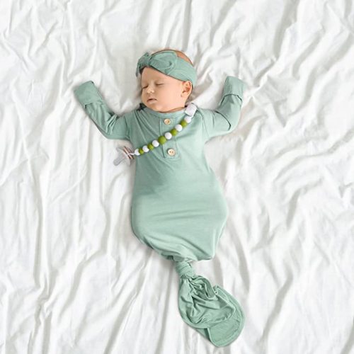 Newborn Baby Knotted Gown, Super Soft Silky Infant Sleeper, Baby Girl Sleep Gown with Mittens, Bow, Clip and Hat Set - Greenish Blue - Newborn-3 Months