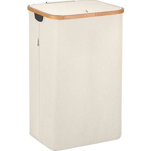 LONBET 26 Gal. Laundry Basket with Lid, Made from Breathable Fabric Aesthetic Clothes Hampers for Laundry with Side Handles & Sturdy Bamboo Frame Laundry Hamper with Lid & Removable Bag, Beige