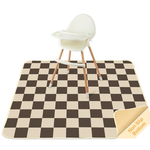 BeBeJoJo Splat Mat for Under High Chair 42 x 42 Inch Waterproof Baby Splash Mat with Non Slip Bottom Reusable Portable Highchair Mat for Floor Food Catcher for High Chair, Gray Checkerboard