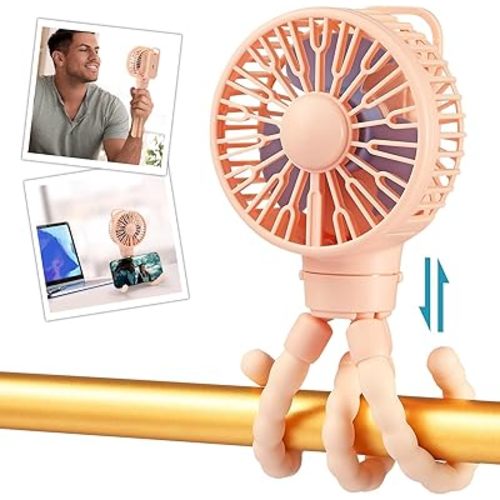 snawowo Mini Portable Stroller Fan, Battery Operated Personal Small Handheld Fan with Flexible Tripod, 3 Speed Rechargeable Clip On for Car Seat Crib Treadmill Travel Camping Pink
