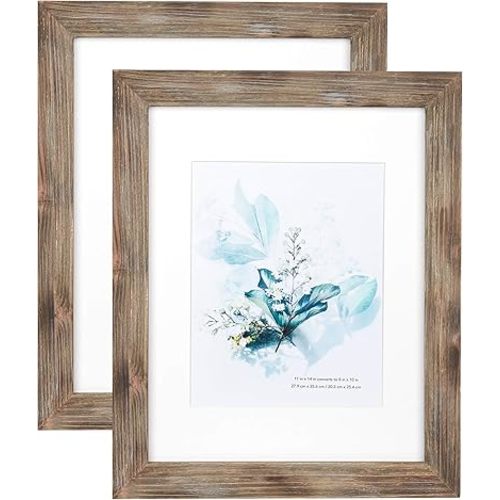 KAIWIN 100% Solid Wood Brown 11x14 Picture Frame 2 Pack Display Picture 8x10 with Mat, HD Glass Inside, Rustic Wooden Photo Frames for Wall Mounting