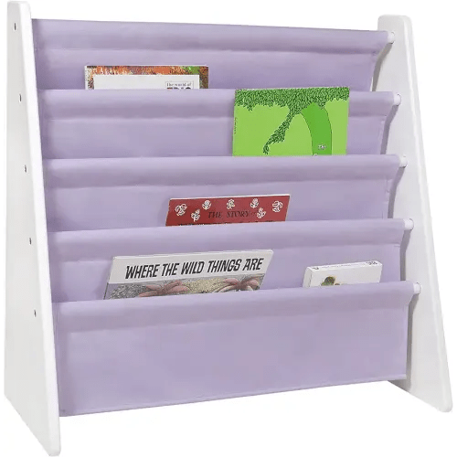 Wildkin Kids Canvas Sling Bookshelf for Boys and Girls, Wooden Design Features Four Fabric Shelves, Keep Bedrooms, Playrooms, and Classrooms Organized, an Ideal Kids Bookshelf (White w/Lilac)
