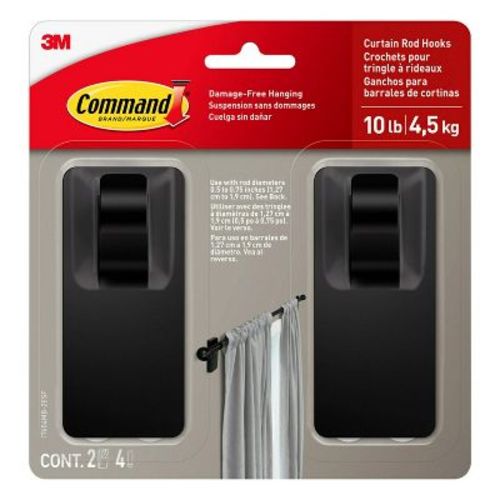 2pk Command Window Hooks Black: Plastic Curtain Holdbacks & Tiebacks, Brushed Finish, 6.75" Height, 2 Pieces