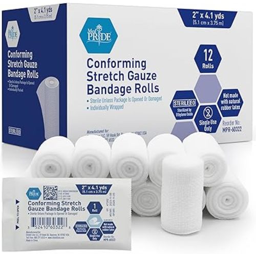 MED PRIDE Conforming Stretch Gauze Bandages 12 Rolls 2'' x 4.1 Yards | Sterile Latex Free First Aid Pads | Wound Care Rolled Dressing Wrap | Medical Non-Adherent Mesh Bandages