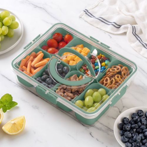 Cook With Color 8 Compartment Snack Box With Handle Sage: Portable Snack Organizer & Container Set, Hand Wash