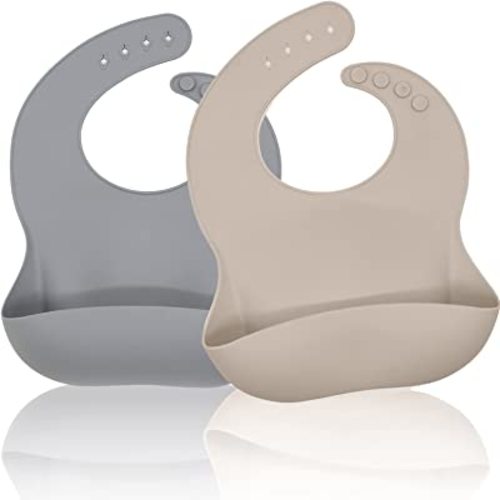 Silicone Bibs for Babies & Toddlers, Soft Waterproof Bibs with Food Catcher Pocket, Adjustable Baby Feeding Bibs 2 PCS