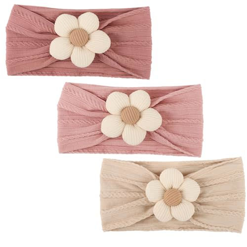 DRESHOW BQUBO Baby Flower Headbands Baby Girls Nylon Headbands Soft Stretchy Hairbands Handmade Hair Accessories for Newborn Infant Toddlers Kids Baby Essentials 3 Pcs