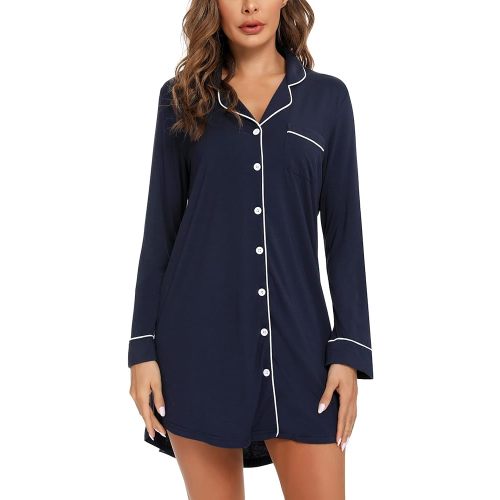 Samring Pajama Nightgown for Women Short/Long Sleeve Button Down Nightwear Top Boyfriend Sleep Shirts Nightdress S-XXL