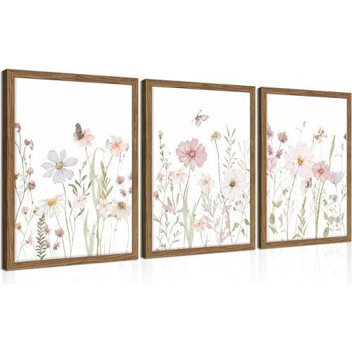Framed Wildflower Wall Art Set of 3, Pink Floral Canvas Wall Decor Pictures, Vintage Flower Botanical Paintings, Nursery Flowers Butterfly Posters Prints for Bedroom Living Room 16x24 Inch