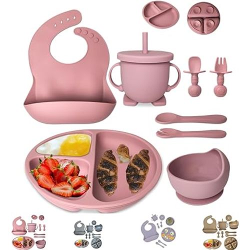 Baby Feeding Supplies 8-Piece | Baby Led Weaning Utensils Set Includes Suction Bowl and Plate, Spoon and Fork, Sippy Cup with Straw and Lid (Peach Pink)