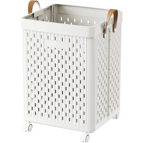 UAK 67L Plastic Laundry Basket with Wheels & Handle, Heavy Duty Foldable Laundry Hamper – Easy Clean Waterproof Rolling Organizer for Bathroom & Laundry Room, White