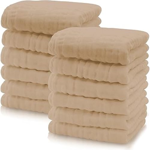 Cute Castle 12 Pack Muslin Baby Washcloths - Large 12'' by 12'' - Ultra Soft 100% Cotton - Super Absorbent Burp Cloths for Unisex, Boy, Girl -Brown