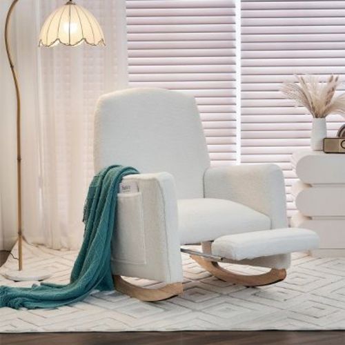 Modern Wooden Rocking Lounge Chair,Ivory Teddy Fabric Rocking Chair With Pockets,Comfy Accent Arm Chair With Solid Wood Legs,Leisure Chairs-Cuddlewood