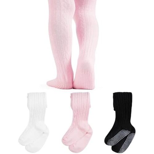ZERULETS Baby Girl Tights Non Slip Skid Cable Knit Leggings Stockings Cotton Thick Warm Pantyhose for Toddler 3 Pack