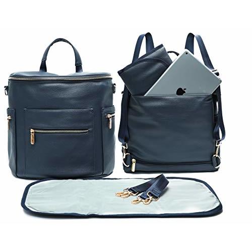 Leather Diaper Bag Backpack by Miss Fong, Diaper Bag with Changing Pad, Diaper Bag Organizer,Stroller Straps and Insulated Pockets(Navy)