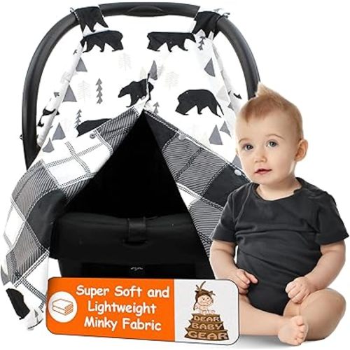 Dear Baby Gear Infant Carseat Canopy & Winter Cover - Doubles as Stroller Cover - Black Bears - Black and Grey - Plaid - 40" x 30"