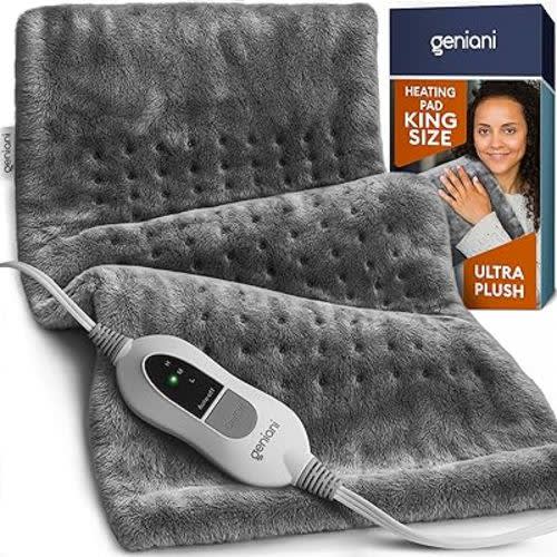 GENIANI King Size Heating Pad for Back Pain & Cramps Relief, FSA HSA Eligible, Auto Shut Off, Machine Washable, Moist Heat Pad for Neck & Shoulder, Knee, Leg, Heat Patches, Tabby Gray 12'‘×24’’