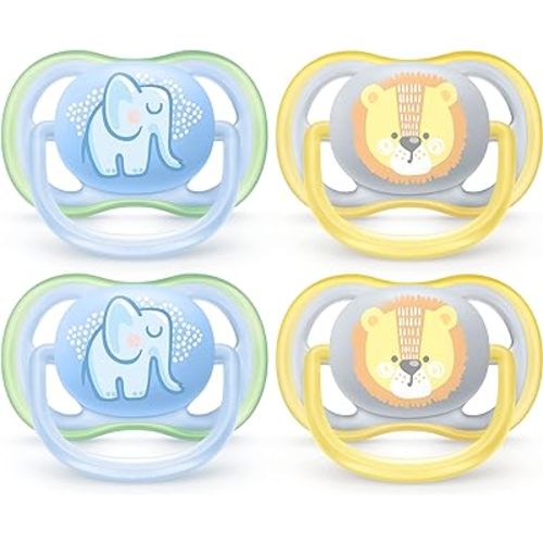 Philips AVENT Ultra Air Pacifier, 0-6 Months, Elephant,Lion, 4 Pack, SCF085/07