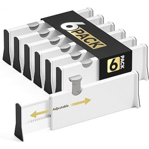 Drawer Dividers Organizer 6 Pack, Adjustable Separators 4" High Expandable from 11-17" for Bedroom, Bathroom, Closet, Clothing, Office, Kitchen (White, 6 PACK)