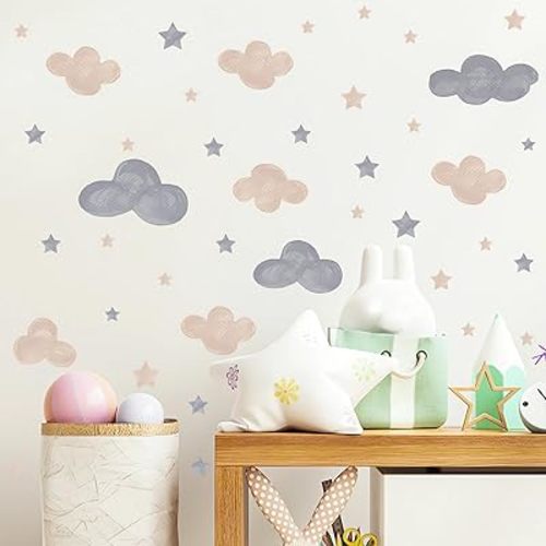 2 Sheets Gray Brown Clouds Stars Wall Stickers, sacinora DIY Art Wall Decals Removable Vinyl Peel and Stick Kids Baby Boy Nursery Bedroom Toddler Room Kindergarten Home Decorations