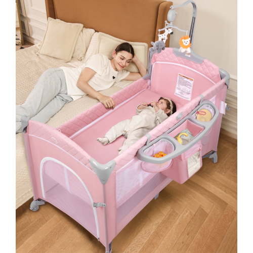 Babyeap 5 in 1 Baby Bassinet,Baby Sleeping Bed,Baby Changing Table,Baby Playpen,Standalone Baby Crib,Baby Bedside Bassinet for Newborn Baby,Pink