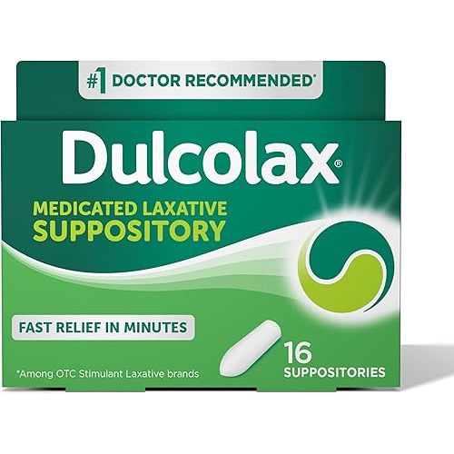 Dulcolax Stimulant Laxative Medicated Suppositories, Predictable & Effective Constipation Relief, Bisacodyl 10 mg, 16 Count