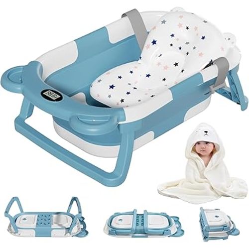 MoreFeel Collapsible Baby Bathtub for Newborn with Thermometer & 1 Hooded Towel & 1 Soft Floating Cushion,Portable Travel Bathtub with Drain Hole, Durable Foldable Baby Tubs for Infants to Toddler
