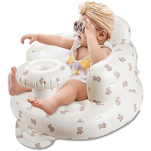 Inflatable Baby Seat with Tray, Comfortable Sit Me Up Baby Chair for Learning to Sit, Built in Air Pump Blow Up Infant Back Support Floor Seat for Babies 3 Months & Up (Bear Cub)