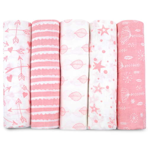 Swaddle Blankets for Newborn, 5 Pack Receiving Blanket, Muslin Blanket Swaddles Wrap for Girls, Baby Essentials, 47x47 Inches Large Size, 100% Cotton - Grey-White