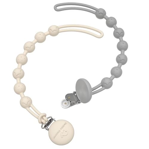 Cuddle Campus Silicone Pacifier Clip Holder with One Piece Design, Pack of 2 Soft Flexible Binky Clips with Texture for Baby Boy and Girl(0-6m) - Limestone+Buttercream