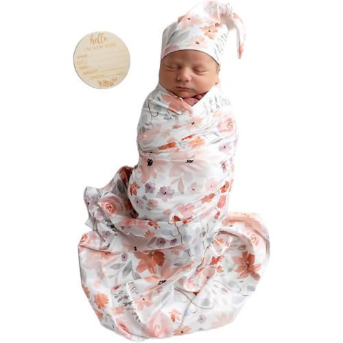 Newborn Baby Girl Receiving Blanket Swaddle Blanket Stretchy Knit Swaddle Set with Matching Headband Beanie with a Name Card (Pink and Orange Floral)