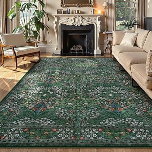 Lahome Floral Dark Green Area Rugs 8x10, Soft 8x10 Washable Rugs for Living Room Bedroom, Boho Non-Slip Forest Large Throw Carpet for Farmhouse Dining Room Office, Dark Green