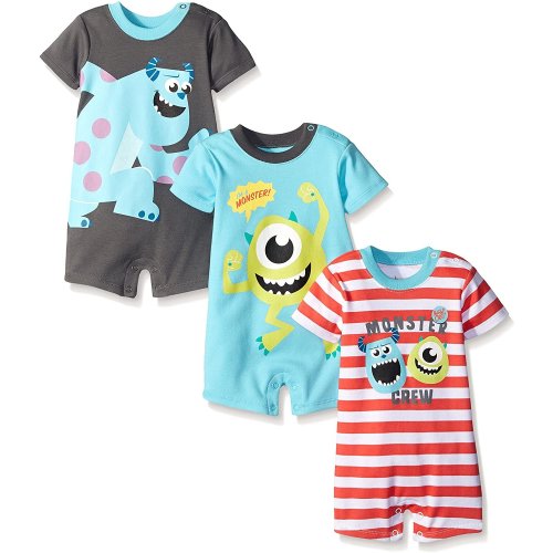 Monsters Inc. Mike Wazowski and Sully Boys 3 Pack Short Sleeve Romper, Newborn