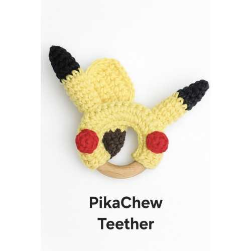 Pikachu-Inspired Crochet Teething Ring – Natural Wood Baby Teether – Pokemon Baby Shower Gift – Handmade Cotton Teether Toy