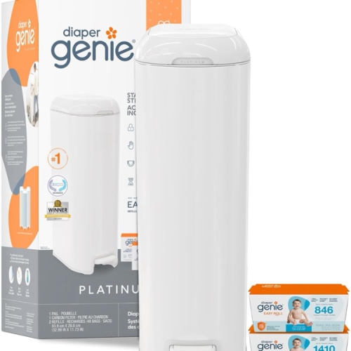 Diaper Genie Platinum Pail Gift Set, Lily White, Made of Durable Stainless Steel and Includes 2 Easy Roll Refills with 18 Bags and 30 Bags