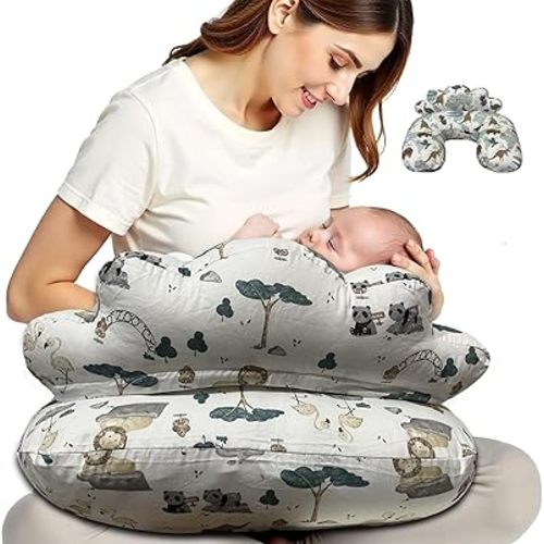 Animal Printed Cotton Breastfeeding Nursing Pillow with 2 Extra Cover with Adjustable Waist Strap – Soft, Washable, & Supportive for Breastfeeding Moms