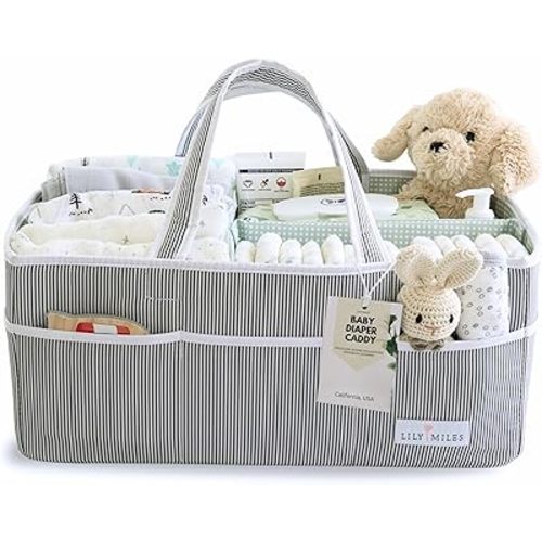 Lily Miles Baby Diaper Caddy - Organizer Tote for Infant Boy or Girl - Baby Shower Basket - Nursery Must Haves - Registry Favorites - Newborn Caddie Car Travel - Gray/Mint, Extra Large