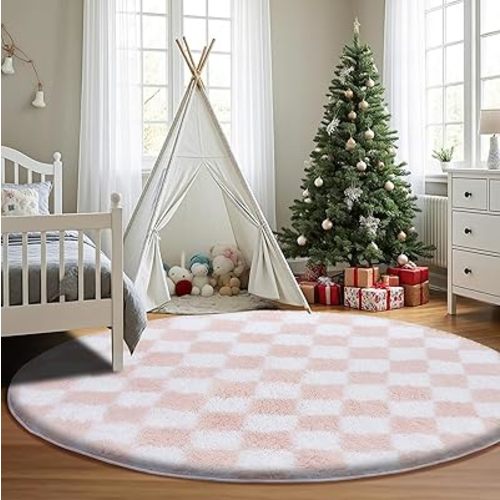 Super Soft Rug, Round Rug for Bedroom, 5X5 Ft Pink and White Checkered Round Rug Non-Slip High Pile Cute Soft Fluffy Rug for Living Room Bedroom Kids Room