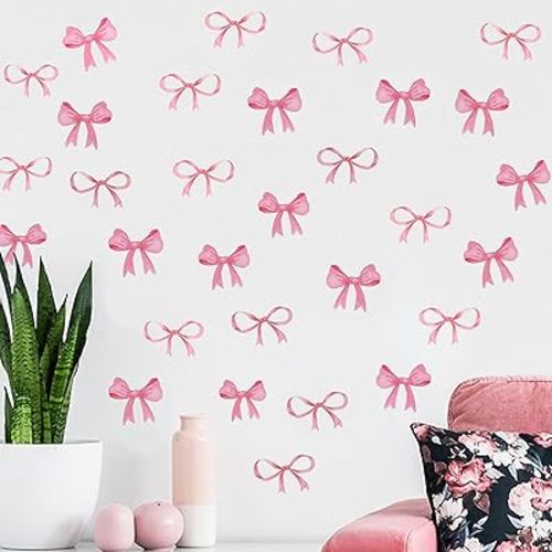 8Sheet/80pcs Pink Bowtie Wall Stickers and Decals for Bedroom and Bathroom Bow Room and Wall Decor Coquette Room Decor for Bedroom Bow Sticker