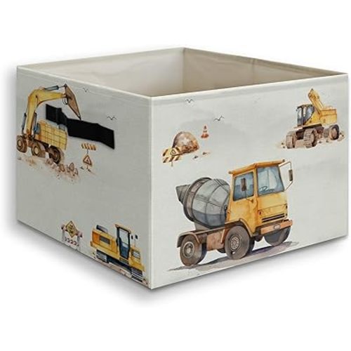 Construction Boy Foldable Storage Bins Box with Handles, Watercolor Excavators Construction Collapsible Organizer Basket for Kids Boys Room Bedroom Playroom Nursery Clothes Toys Books