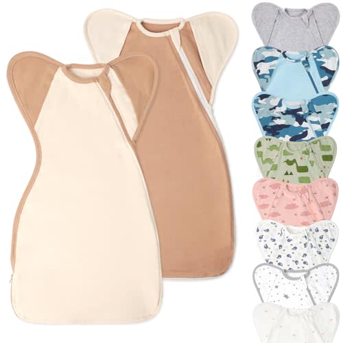 Knirose Swaddle Blanket Sleep Sack with Arms Up Design Help Baby Self-Soothing 2 Packs, 3-Way Transitions to Arms-Free Wearable Sleeping Bag for Newborn Baby Snug Fit Calms Startle Reflex Better Sleep