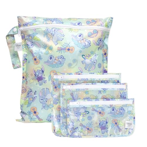 Bumkins Disney Stitch Waterproof Wet Bag and Packing Pouches, TSA Airline Compliant, Pack for Baby, Travel, Swim Suit, Cloth Diapers, Pump Parts, Pool, Gym Clothes, Toiletry, Daycare, Zip Bag, 4-pc