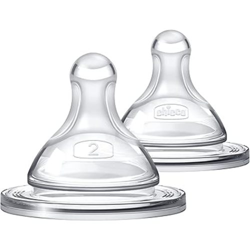 Chicco Duo Glass-Lined Baby Bottle Intui-Latch Nipple with Anti-Colic Valve, Stage 2 Medium Flow for Babies 3+ Months, 100% Silicone with Skin-Like Texture, Breast-Like Shape & Flow, 2-Pack