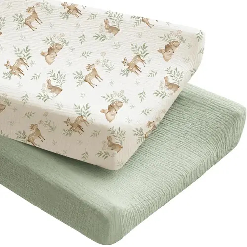 Konssy 2 Pack Muslin Changing Pad Covers for Boys, Ultra Soft & Breathable Cotton Baby Diaper Changing Table Covers, Neutral Nursery Diaper Changing Pad Sheets (Woodland,Sage)