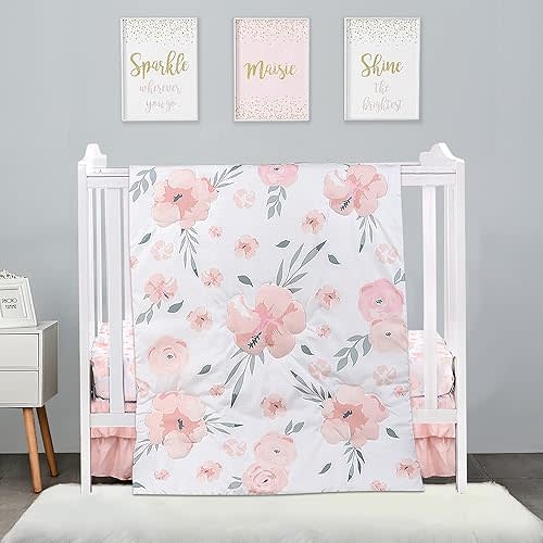 PINNKKU 3-Piece Crib Bedding Set for Girls, Portable , Blush Pink Flower Crib Skirt, Blanket, Crib Sheet, Fits Mini Crib Only