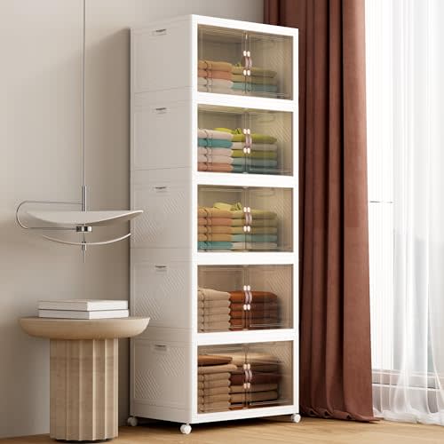 JOYMOOP Folding Storage Bins Organizer, 348 Quart Collapsible Storage Boxes with Wheels and Door, Stackble Plastic Storage Container for Clothing, Books and Sundries (XL, 12.4 Gal Per, 5 Tiers)