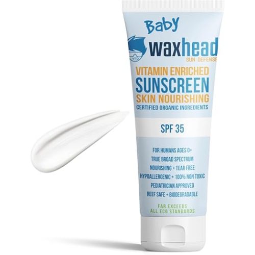 Waxhead Baby Sunscreen 0-6 Months, 6-12 Months, Zinc Oxide, Newborn Infant Toddler Sunscreen Kids Sunblock Mineral Organic Sun Screen For Babies Natural Hypoallergenic Vitamin D + E Eczema Safe (4oz)