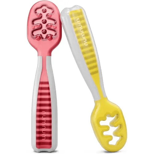 NumNum Baby Spoons Set, Pre-Spoon GOOtensils for Kids Aged 6+ Months - First Stage, Baby Led Weaning (BLW) Teething Spoon - Self Feeding, Silicone Toddler Food Utensils - 2 Spoons, Red/Yellow