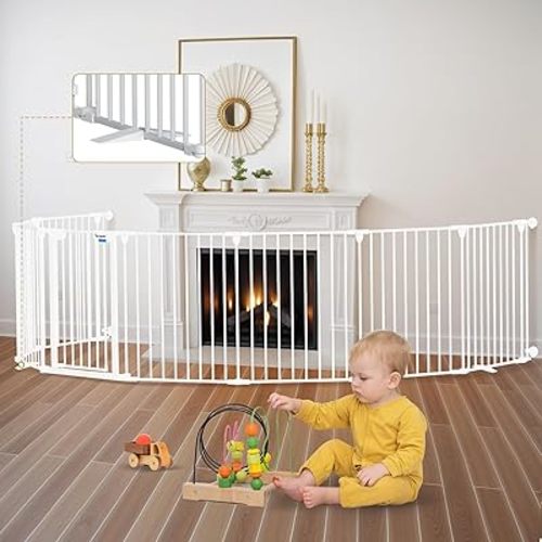Baby Gate 27.5"-199" Extra-Wide Playpen with Stands, Play Yard Child Safety Fence, Dog Gate with Auto-Close Door, Double Locking System for Fireplace, Foldable 8 Panels, White 29" Height