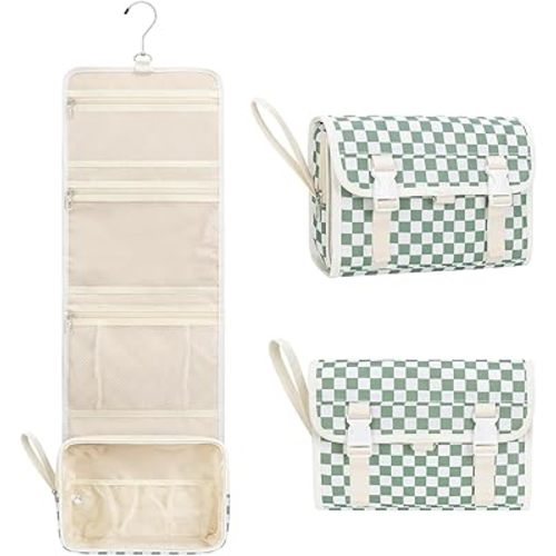 Relavel Travel Hanging Toiletry Bag for Women, Large Capacity Wash Bag with 360 degree Rotation Hanging Hook, Portable Toiletries Makeup Organizer Storage for Daily Use, Trip, Camping - Green Plaid